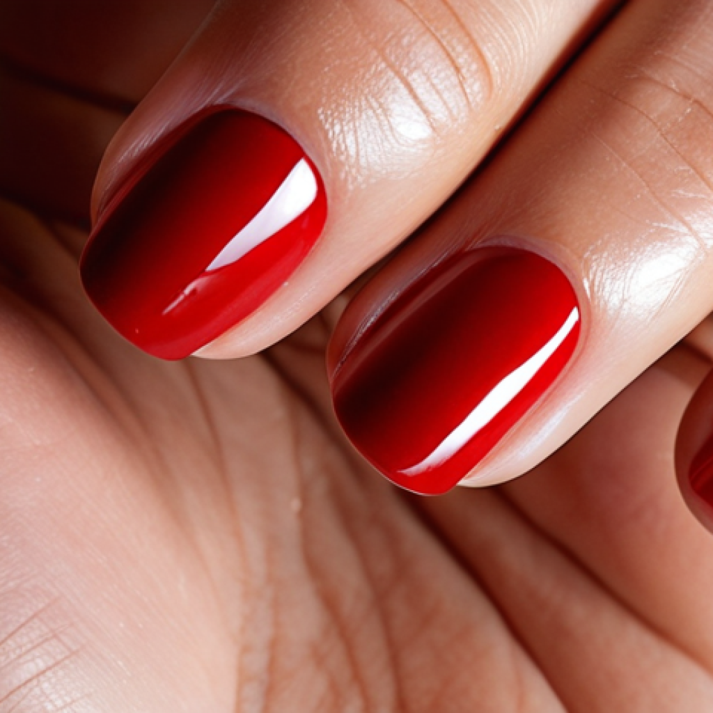 **Prompt:** A close-up shot of perfectly manicured nails with a high-gloss gel top coat, reflecting light like a mirror. The nail color is a classic red. Focus on the shine and flawless finish, emphasizing the salon-quality look.