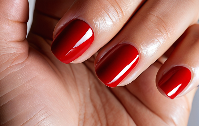 **Prompt:** A close-up shot of perfectly manicured nails with a high-gloss gel top coat, reflecting light like a mirror. The nail color is a classic red. Focus on the shine and flawless finish, emphasizing the salon-quality look.