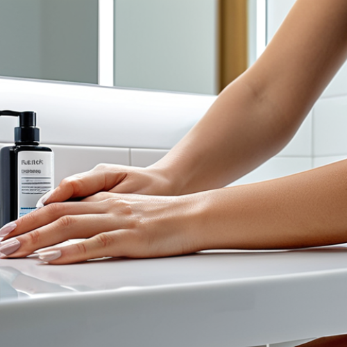 Home 6 A professional woman with perfect anatomy and correct proportions, showcasing natural body proportions, is carefully applying a strengthening serum to her healthy, well-formed hands with proper finger count. Her nails are smooth, strong, and appear well-maintained. She is fully clothed in modest, professional dress, sitting at a clean, brightly lit vanity table in a modern, serene bathroom. The image emphasizes self-care and nail health in a professional setting, safe for work, appropriate content, professional photography, high quality.