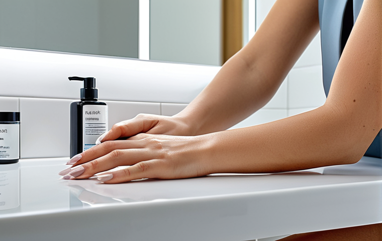 A professional woman with perfect anatomy and correct proportions, showcasing natural body proportions, is carefully applying a strengthening serum to her healthy, well-formed hands with proper finger count. Her nails are smooth, strong, and appear well-maintained. She is fully clothed in modest, professional dress, sitting at a clean, brightly lit vanity table in a modern, serene bathroom. The image emphasizes self-care and nail health in a professional setting, safe for work, appropriate content, professional photography, high quality.